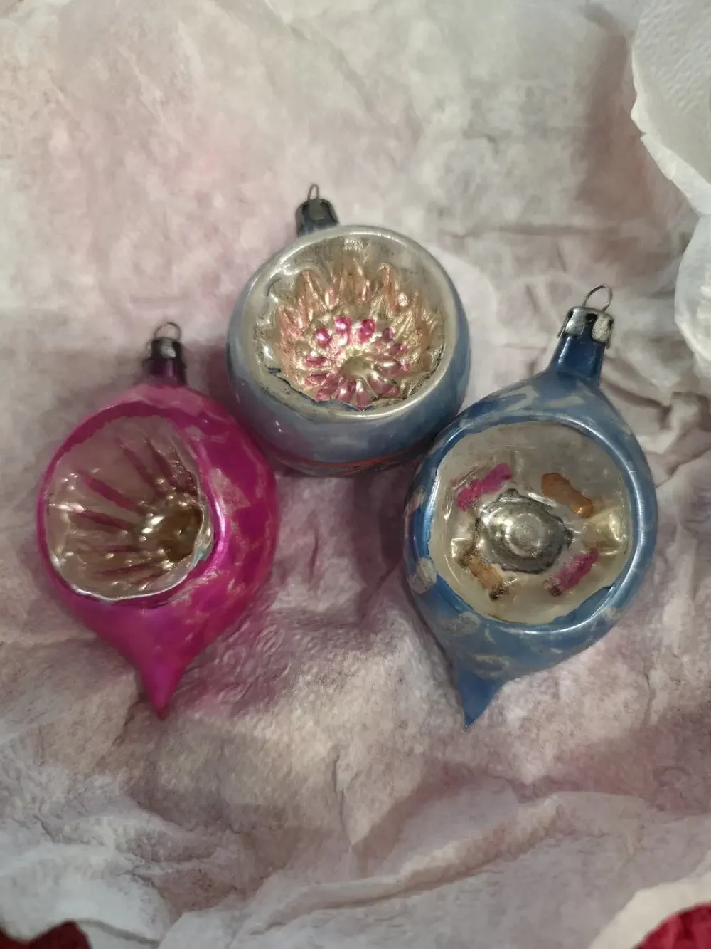 Vintage Polish Glass Christmas Ornaments Teardrop Reflector Hand Blown Set 3